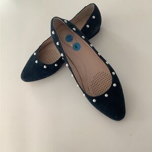Sudini Navy Pearl-Studded suede like Women's Flats. Worn once to a baby shower.